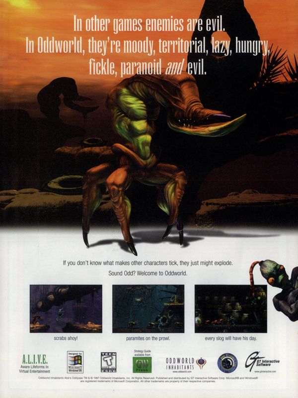 Oddworld: Abe's Oddysee Magazine Advertisement (Magazine Advertisements): PC Gamer (United States), Issue 11/1997