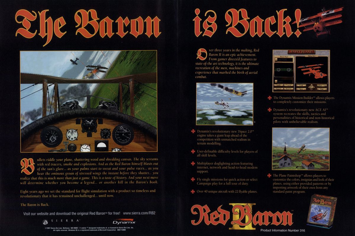 Red Baron II Magazine Advertisement (Magazine Advertisements): PC Gamer (USA), Issue 11/1997