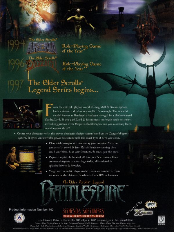 An Elder Scrolls Legend: Battlespire Magazine Advertisement (Magazine Advertisements): PC Gamer (USA), Issue 11/1997
