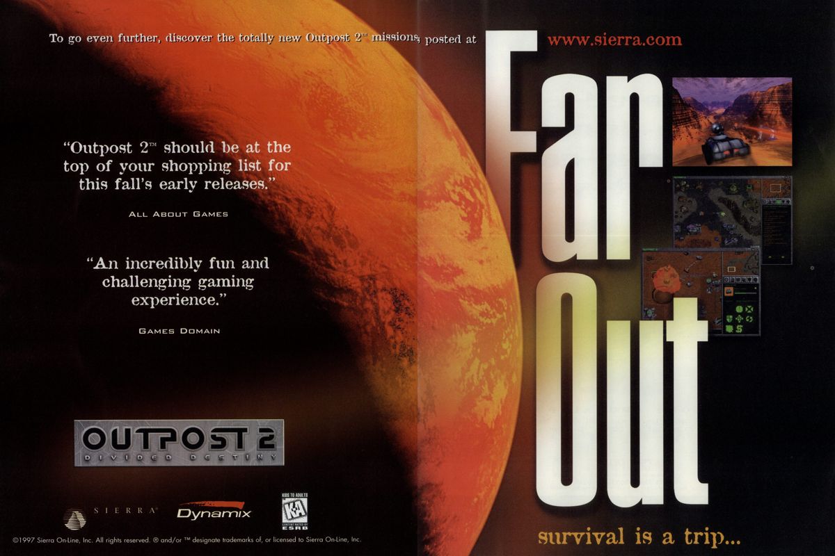 Outpost 2: Divided Destiny Magazine Advertisement (Magazine Advertisements): PC Gamer (USA), Issue 11/1997
