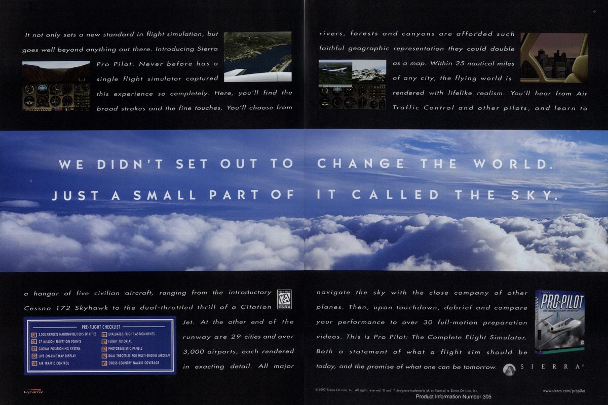 Sierra Pro Pilot 98: The Complete Flight Simulator Magazine Advertisement (Magazine Advertisements): PC Gamer (USA), Issue 11/1997