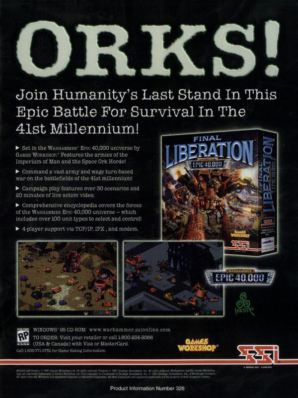 Final Liberation: Warhammer Epic 40,000 Magazine Advertisement (Magazine Advertisements): PC Gamer (USA), Issue 11/1997