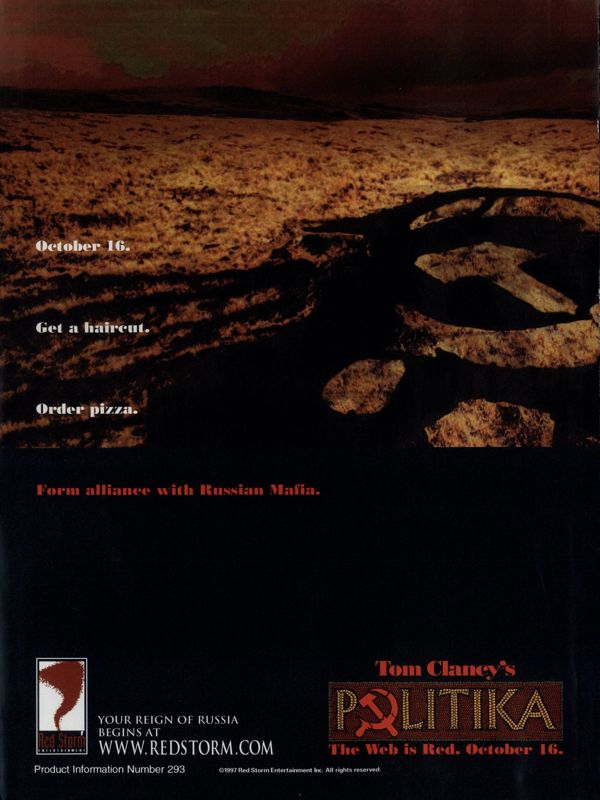 Tom Clancy's Politika Magazine Advertisement (Magazine Advertisements): PC Gamer (USA), Issue 11/1997