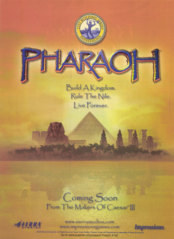 Pharaoh Magazine Advertisement (Magazine Advertisements): PC Gamer (USA), Issue 8/1999