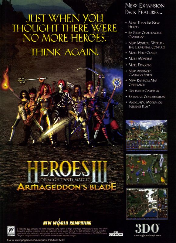 Heroes of Might and Magic III: Armageddon's Blade Magazine Advertisement (Magazine Advertisements): PC Gamer (USA), Issue 9/1999