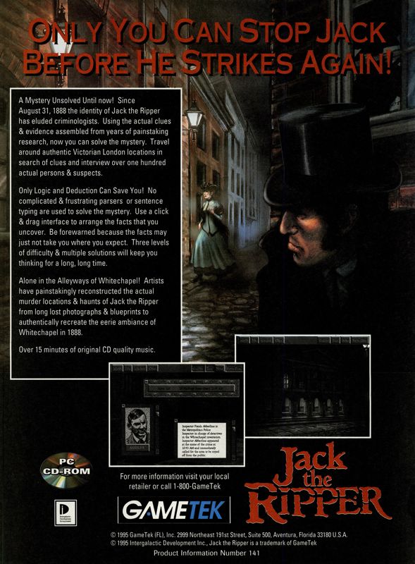 Jack the Ripper Magazine Advertisement (Magazine Advertisements): PC Gamer (USA), Issue 12/1995