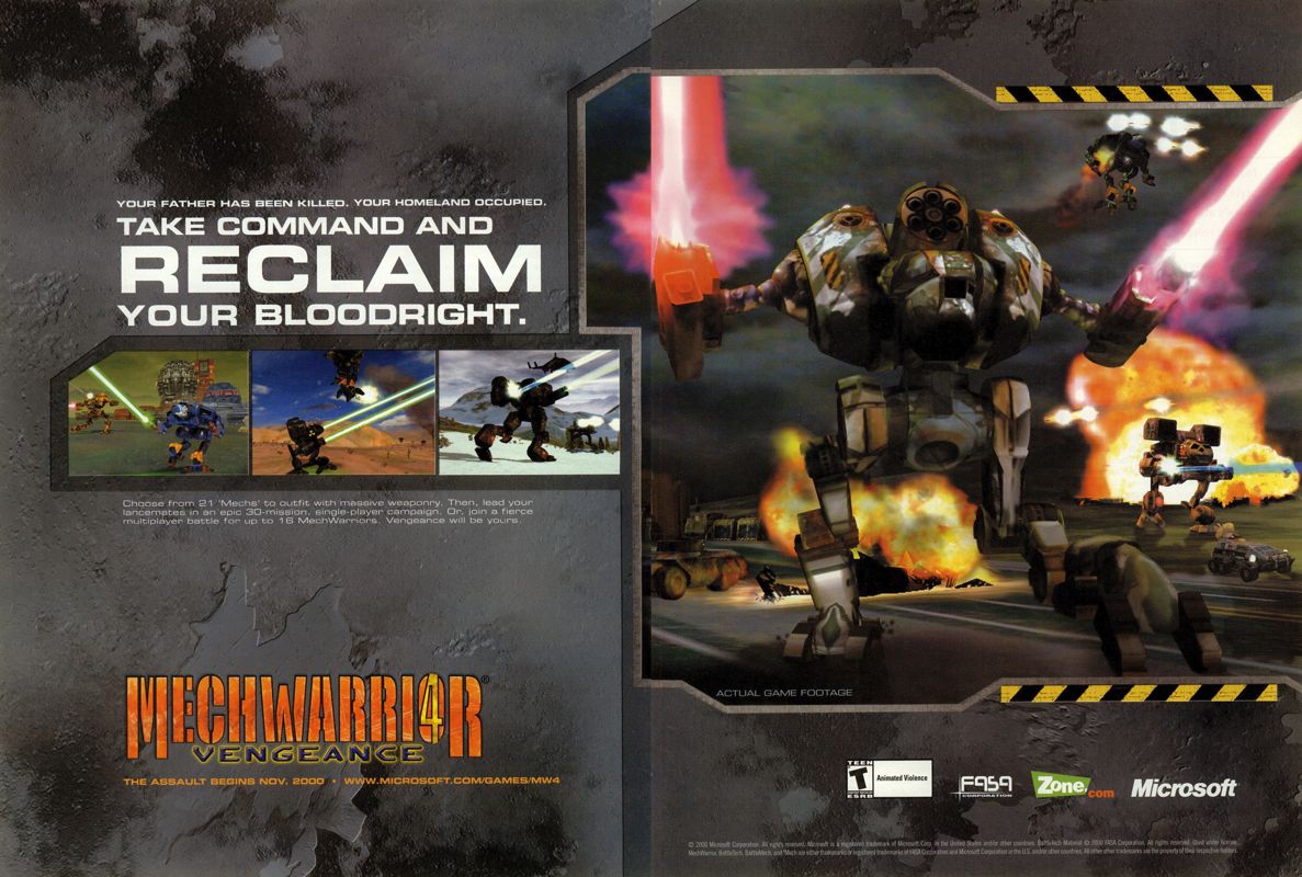 MechWarrior 4: Vengeance Magazine Advertisement (Magazine Advertisements): PC Gamer (USA), Issue 12/2000