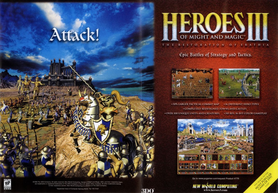 Heroes of Might and Magic III: The Restoration of Erathia Magazine Advertisement (Magazine Advertisements): PC Gamer (USA), Issue 10/1998 Part 2/2