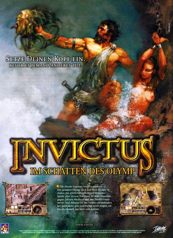 Invictus: In the Shadow of Olympus Magazine Advertisement (Magazine Advertisements): PC Player (Germany), Issue 01/2000