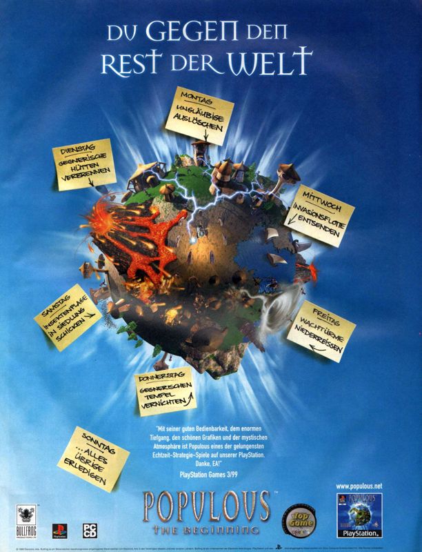 Populous: The Beginning Magazine Advertisement (Magazine Advertisements): Das offizielle PlayStation Magazin (Germany), Issue 05/1999 Page 7