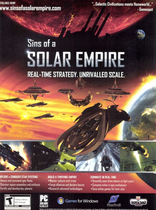 Sins of a Solar Empire Magazine Advertisement (Magazine Advertisements): PC Gamer (USA), Issue 08/2008