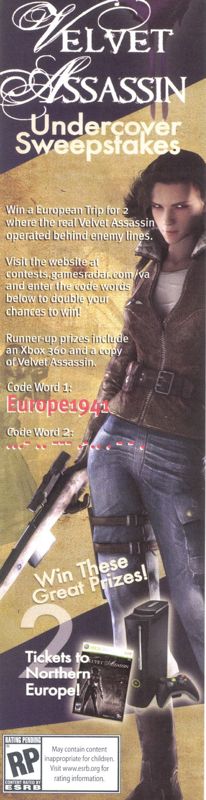 Velvet Assassin Magazine Advertisement (Magazine Advertisements): PC Gamer (USA), Issue 10/2008