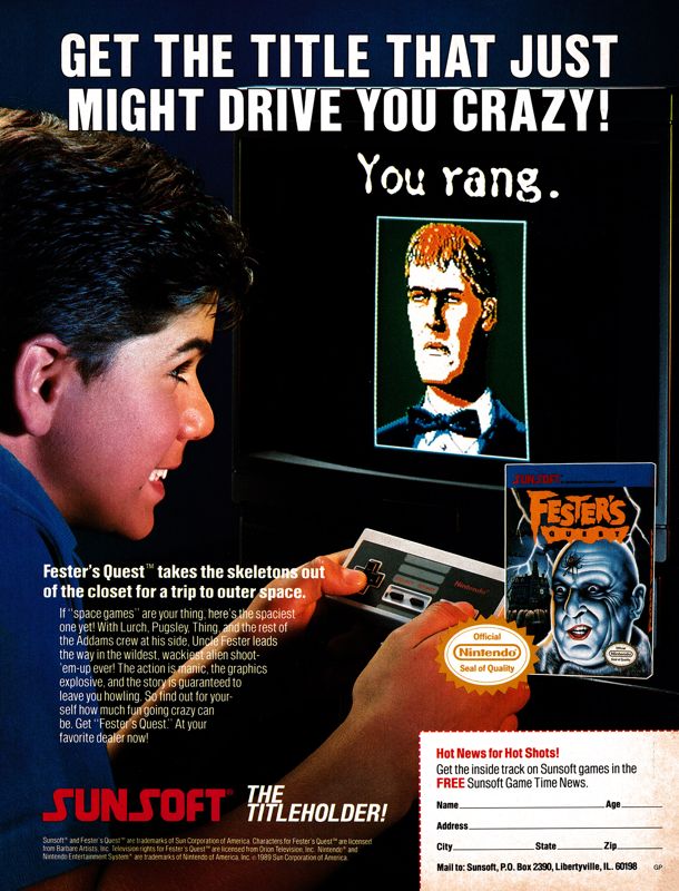 Fester's Quest Magazine Advertisement (Magazine Advertisements): GamePro (United States), Issue 003 (September-October 1989)