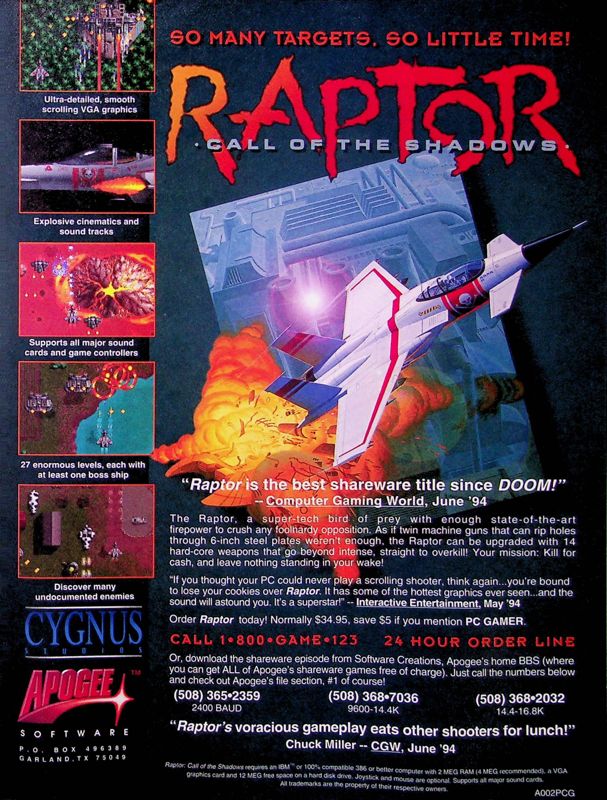 Raptor: Call of the Shadows Magazine Advertisement (Magazine Advertisements): PC Gamer (USA), Issue 08/1994