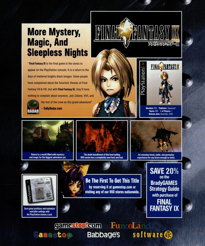 Final Fantasy IX Magazine Advertisement (Magazine Advertisements): NextGen (United States), Issue #69 (September 2000)