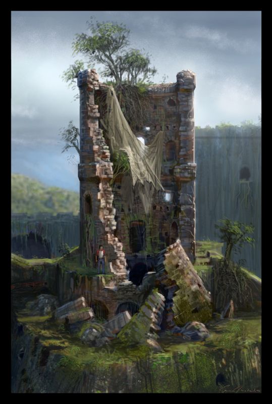Uncharted: Drake's Fortune Concept Art (Uncharted: Drake's Fortune Press Disc): Collapsed tower parachute