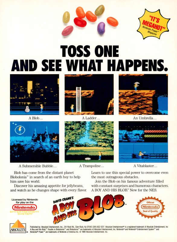 David Crane's A Boy and His Blob: Trouble on Blobolonia Magazine Advertisement (Magazine Advertisements): GamePro (United States), Issue 007 (February 1990)