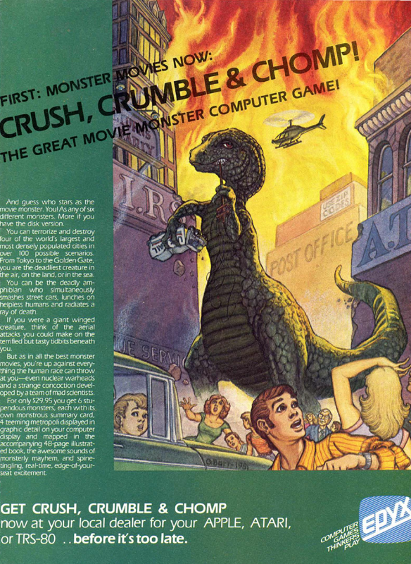 Crush, Crumble and Chomp! Magazine Advertisement (Magazine Advertisements): 80 Microcomputing (U.S.A.), Issue 26 (February 1982)