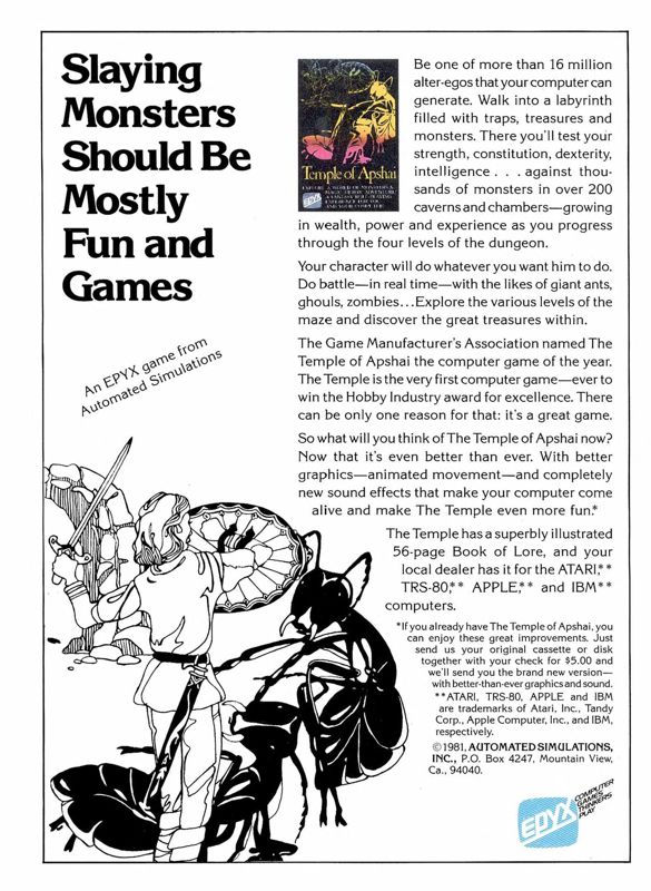 Dunjonquest: Temple of Apshai Magazine Advertisement (Magazine Advertisements): 80 Microcomputing (U.S.A.), Issue 28 (April 1982)