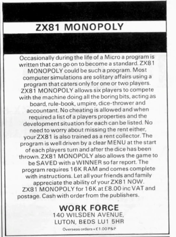 ZX81 Monopoly Magazine Advertisement (Magazine Advertisements): Sinclair User (United Kingdom), Issue 2 (May 1982)