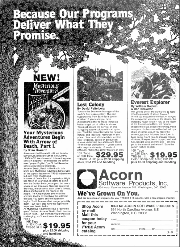 Warren's World: Lost Colony Magazine Advertisement (Magazine Advertisements): 80 Microcomputing (U.S.A.), Issue 30 (June 1982)