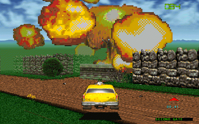 Quarantine II: Road Warrior Screenshot (GameTek website, 1996): Picture of the hover cab on a country road, blowing stuff up
