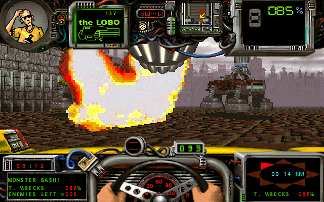 Quarantine II: Road Warrior Screenshot (GameTek website, 1996): Driver's point of view from inside the cab blowing up hover cabs