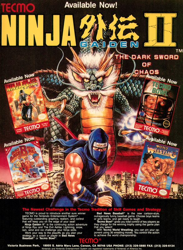 Ninja Gaiden II: The Dark Sword of Chaos Magazine Advertisement (Magazine Advertisements): GamePro (United States), Issue 015 (October 1990)