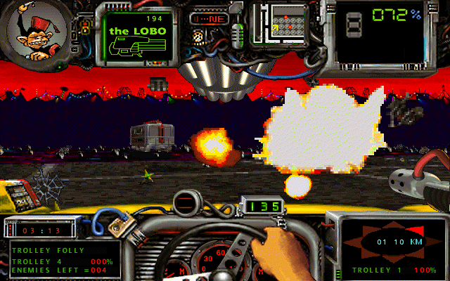 Quarantine II: Road Warrior Screenshot (GameTek website, 1996): Driver's POV blowing up more stuff, amusement park in backgroud