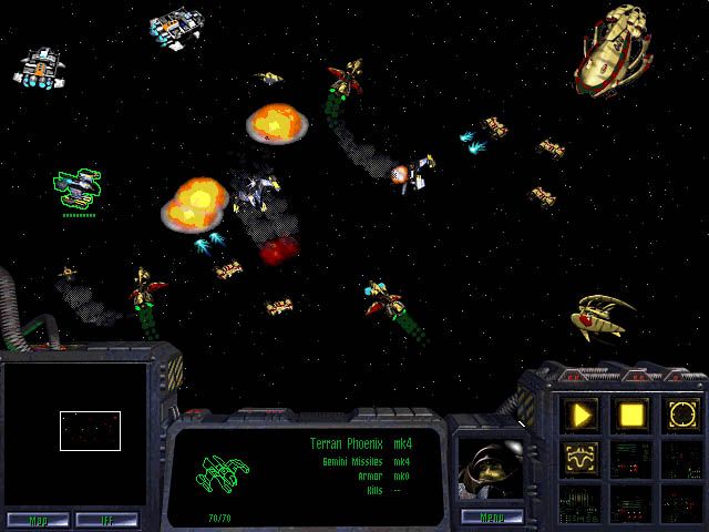 StarCraft Screenshot (Blizzard Entertainment website, May 1997): Protoss Scouts and Interceptors attack a Terran convoy. Original file name: new-pic2.jpg
