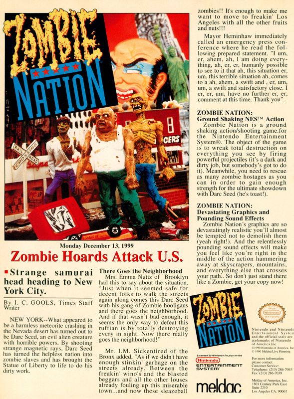 Zombie Nation Magazine Advertisement (Magazine Advertisements): GamePro (United States), Issue 020 (March 1991)