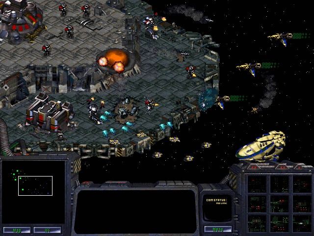 StarCraft Screenshot (Preview, 1997-03-18 (preserved by a third party site)): (Protoss ships conduct a raid on a Terran facility)