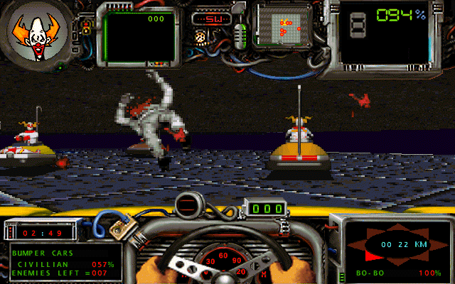Quarantine II: Road Warrior Screenshot (GameTek website, 1996): Oops! Hit a guy in the bumper car arena