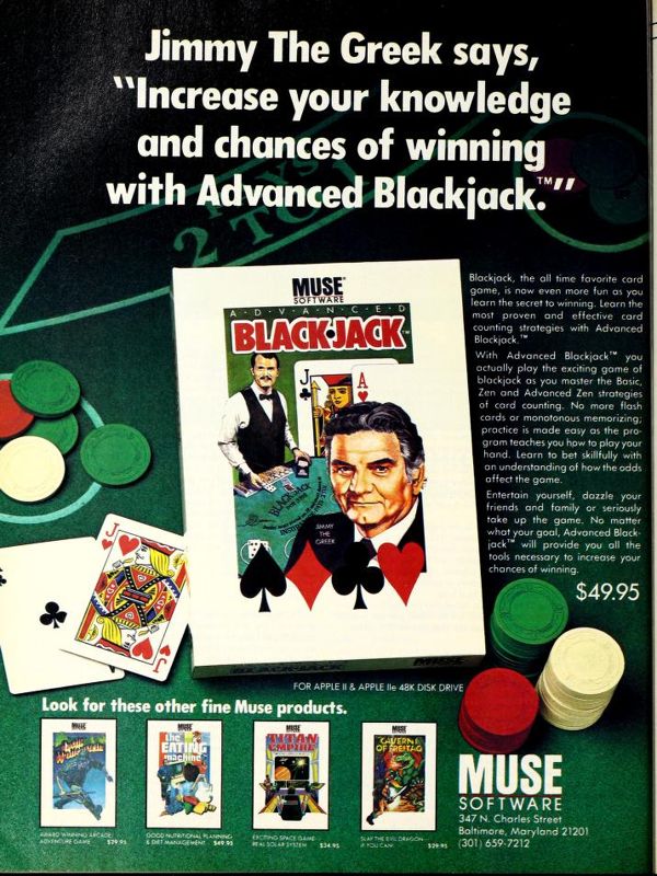 Advanced Blackjack Magazine Advertisement (Magazine Advertisements): Softalk (United States) Volume 4, Issue 8 (April 1984)