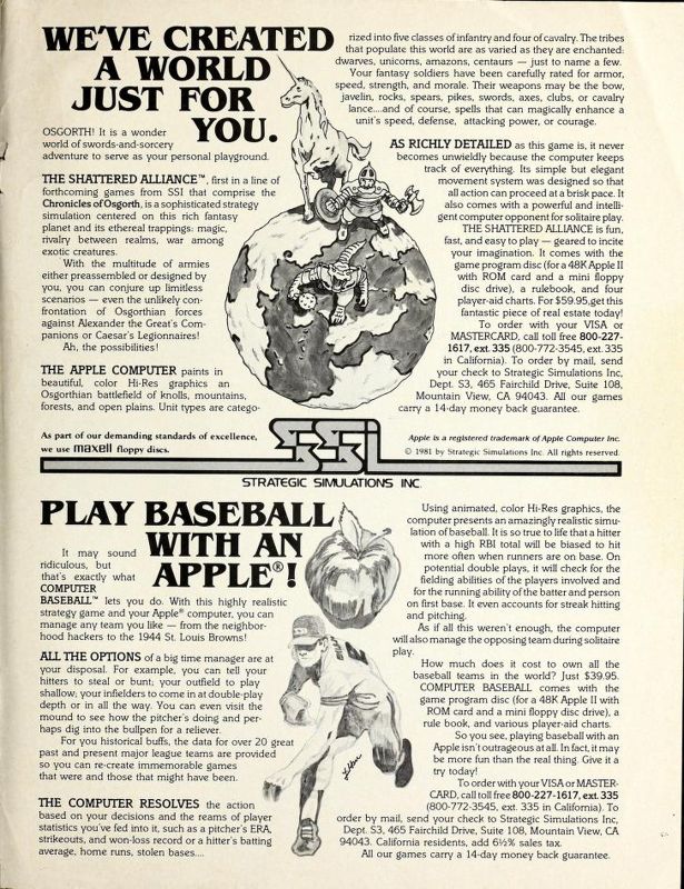 Computer Baseball Magazine Advertisement (Magazine Advertisements): Softalk (United States) Volume 1 Issue 11 (July 1981)