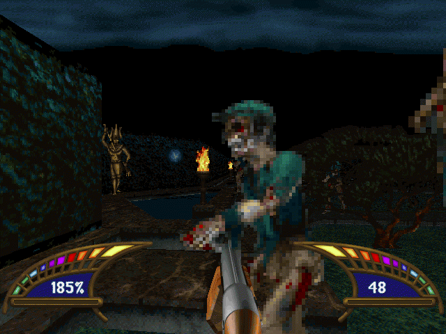 Killing Time Screenshot (Logicware website, 1998): These Zombie Gardeners just don't know when to quit! They roam the estate grounds, attacking trespassers (like yourself) with old rusty shears. Lucky for you they don't like bullets.