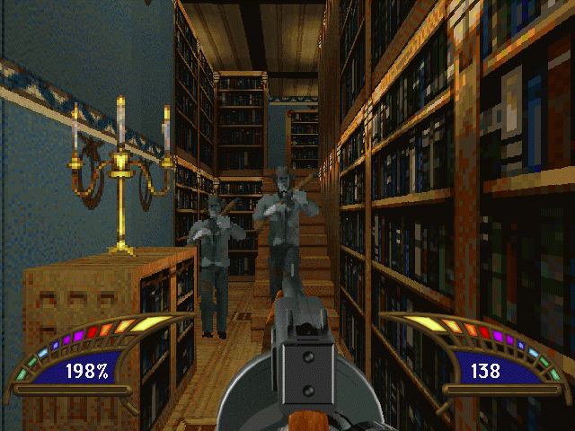 Killing Time Screenshot (Logicware website, 1998): The gangsters that hang out in the library are pretty smart, spraying you with their tommyguns from the overlooking balconies. (Must be from all the books they read.)