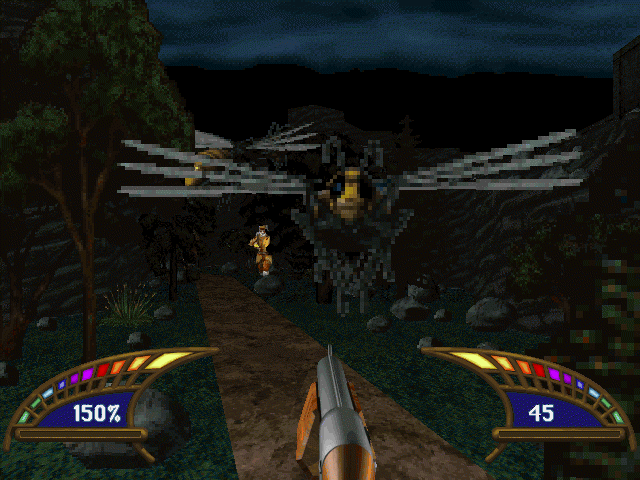 Killing Time Screenshot (Logicware website, 1998): This giant wasp is playing chicken with the barrel of a shotgun. It's about to loose.