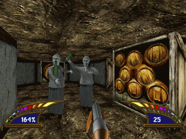 Killing Time Screenshot (Logicware website, 1998): This massive wine cellar under the mansion is full of Undead Prohibitionists! They've been trapped there for over 70 years and they still don't have a sense of humor!
