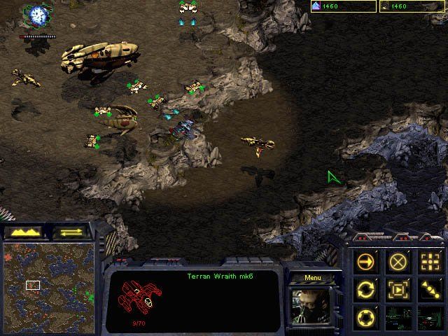 StarCraft Screenshot (Blizzard Entertainment website, May 1997): Terran Wraith fighters are beaten back by a Protoss carrier. Original file name: sc-light.jpg