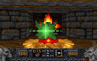 Heretic Screenshot (Preview screenshots, 1994-12-16): He's dead This image was also featured on the game's page at Raven Software's website (Wayback Machine link).