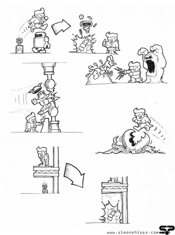 Rick Dangerous 2 Concept Art (RVG Interviews Simon Phipps): "These sketches I did in the original Rick 2 design doc to illustrate gameplay ideas."