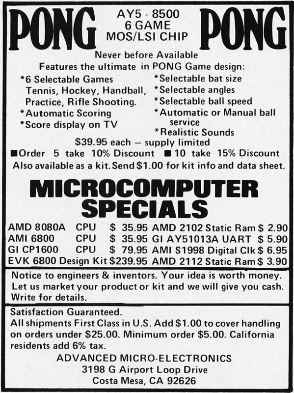 6 TV Games on One Chip Magazine Advertisement (Magazine Advertisements): Byte (United States), Volume 1 Issue 9 (May 1976)