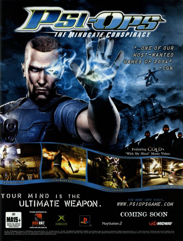 Psi-Ops: The Mindgate Conspiracy Magazine Advertisement (Magazine Advertisements): Official Australian Xbox Magazine (Australia), Issue #31 (September 2004)