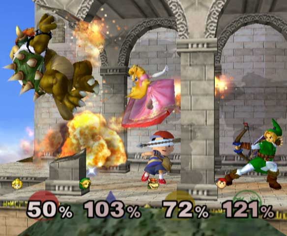 Super Smash Bros.: Melee Screenshot (Official Game Page - Nintendo.com): Utter chaos Check out Ness dodging Link's arrow! And, did Peach just throw Bowser through that stone column?