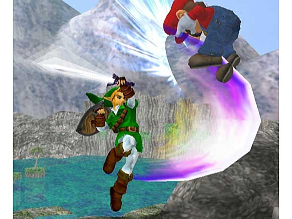 Super Smash Bros.: Melee Screenshot (Official Game Page - Nintendo.com): Youch! Link slashes away at his good pal Mario. Those overalls must be made out of chain mail!
