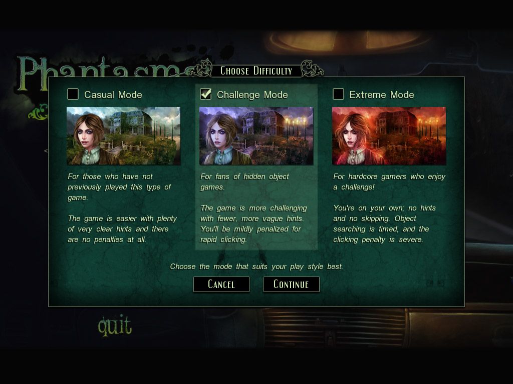 Phantasmat Screenshot (Official website screenshot): Choose Difficulty