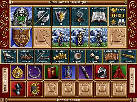 Heroes of Might and Magic II: The Succession Wars Screenshot (Gamecenter.com preview, 1996): Like the original, you'll find that each hero has a number of appropriate skill levels in several categories, from attack skill to spell power.