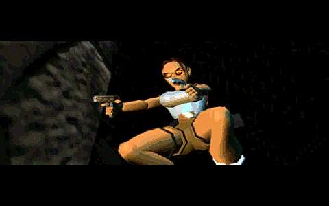 Tomb Raider Screenshot (Gamecenter.com preview, 1996): Lara takes aim in Tomb Raider's cinematic introduction.