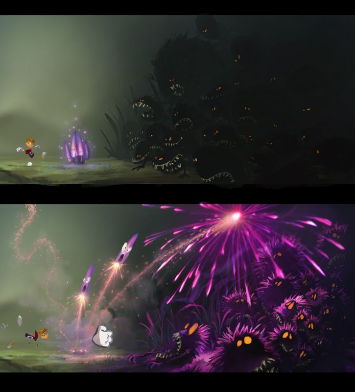 Rayman Legends Concept Art (Nintendo E3 2013 Artwork Press Kit): Dark Creatures and Fireworks Mushrooms